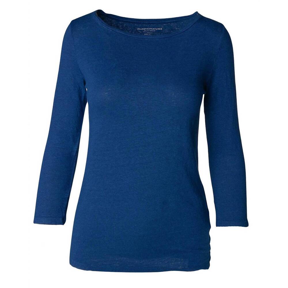NEW MAJESTIC INTERNATIONAL women's stretch linen 3/4 sleeve boatneck top in capr